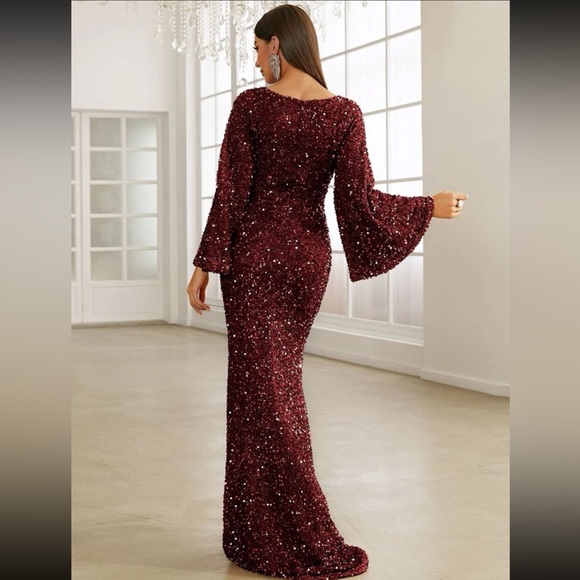 Luxe trumpet sleeve mermaid hem party formal sequins gown dress - Picture 6 of 16